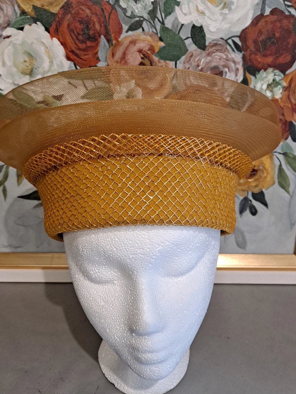 Deborah NY Vintage Wool Gold Fascinator Hat W/Bow Fishnet Mesh Derby High Tea